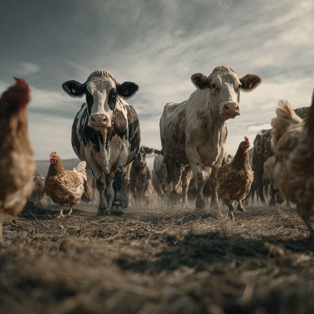 Bétail et volaille dans un élevage professionnel, représentant la nutrition animale scientifique VeritasVet